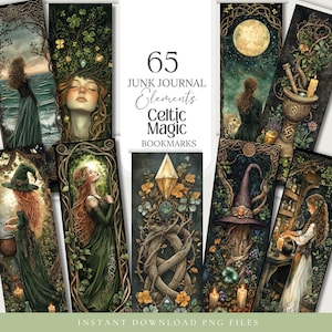 Marcadores de libros de magia celta, grimorio pagano, etiquetas, etiquetas, Wicca, álbum de recortes, efímeras, bosque, clipart, sublimación, PNG, libro de las sombras, bruja celta