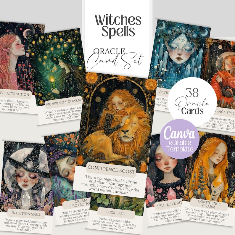 Witches Spells Oracle Cards, Witchy Printable Deck, Editable Template ...