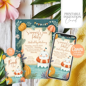 Convite para festa Summerween png editável fofo fantasma para impressão convite para festa na piscina cartão postal cartão de felicitações com vibrações de verão etiquetas de sabor para festa