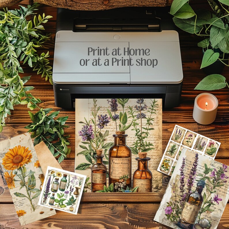 May include: A printer with the text "Print at Home or at a Print shop" is shown printing botanical art prints. The prints feature vintage illustrations of flowers, herbs, and apothecary bottles. A lit candle and greenery are also visible.