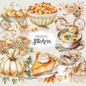 Collection of over 100 boho, cozy, neutral color fall/autumn watercolor PNG images with transparent backgrounds. Ideal for creating stickers, planners, scrapbooks, junk journals, ephemera, sublimation crafts, and various DIY projects