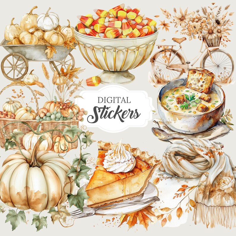 Collection of over 100 boho, cozy, neutral color fall/autumn watercolor PNG images with transparent backgrounds. Ideal for creating stickers, planners, scrapbooks, junk journals, ephemera, sublimation crafts, and various DIY projects
