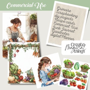 Veggie farm gardening PNG set with over 330 elements. Includes clipart, ephemera, and border pages ideal for junk journaling, scrapbooking, grimoire pages, and green witch rituals. Designed for spring, summer, and botanical craft projects.