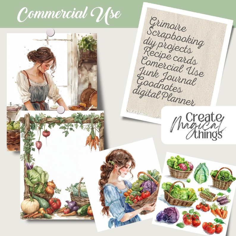 Veggie farm gardening PNG set with over 330 elements. Includes clipart, ephemera, and border pages ideal for junk journaling, scrapbooking, grimoire pages, and green witch rituals. Designed for spring, summer, and botanical craft projects.