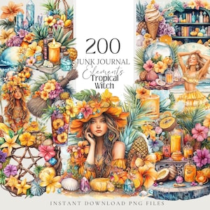 Sorcière tropicale png Witchy Summer Clipart Book Of Shadows boho Grimoire plage Junk Journal Wicca Sticker païen coupe difficile style ethnique