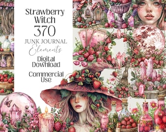 May include: A digital download graphic featuring a strawberry witch theme. The image includes illustrations of a witch with a strawberry-adorned hat, a fairy house, strawberries, crystals, and the text "Strawberry Witch 370 Junk Journal Elements Digital Download Commercial Use."