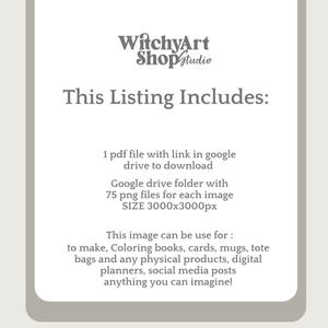 Cute Witchy Cottagecore Coloring Pages 75 PNG files sized 3000x3000px. Includes magical and whimsical designs for coloring, junk journaling, scrapbooking, and cozy crafts. files with commercial use license for digital and print projects.