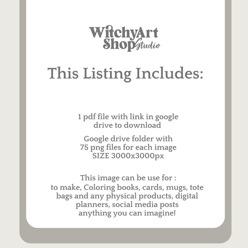 Cute Witchy Cottagecore Coloring Pages 75 PNG files sized 3000x3000px. Includes magical and whimsical designs for coloring, junk journaling, scrapbooking, and cozy crafts. files with commercial use license for digital and print projects.