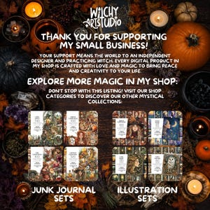 Pu&ograve; includere: Una pubblicit&agrave; di prodotti digitali di Wilchy Art Studio, circondata da zucche, candele e cristalli. L'immagine mostra otto set distinti di junk journal e illustrazioni, ciascuno etichettato con un titolo e un conteggio.
