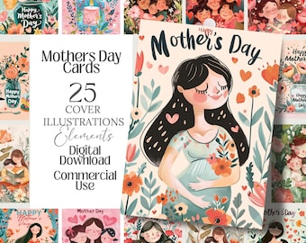 Mother's Day Cards Set: 25 PNG Illustration Elements