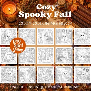 May include: A digital colouring book titled Cozy Spooky Fall featuring 35 unique black and white line art illustrations of ghosts in various autumn settings, including pumpkins, foliage, and cosy interiors, provided as PNG and PDF files.