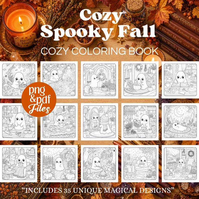 May include: A digital colouring book titled Cozy Spooky Fall featuring 35 unique black and white line art illustrations of ghosts in various autumn settings, including pumpkins, foliage, and cosy interiors, provided as PNG and PDF files.