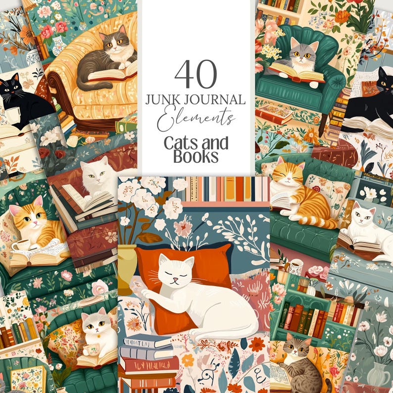 Cats and Books Cottagecore Clipart featuring 40 PNG files sized 5x7”. Includes cozy, romantic designs for junk journaling, scrapbooking, planners, and wall art. High-resolution files with commercial use license for digital and print projects.