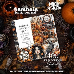 Pu&ograve; includere: Un set di download digitale intitolato Samhain Junk Journal con 400 elementi. La grafica mostra un collage di illustrazioni a tema autunnale che includono zucche, teschi, un pentagramma, un corvo e una persona con capelli scuri e foglie.
