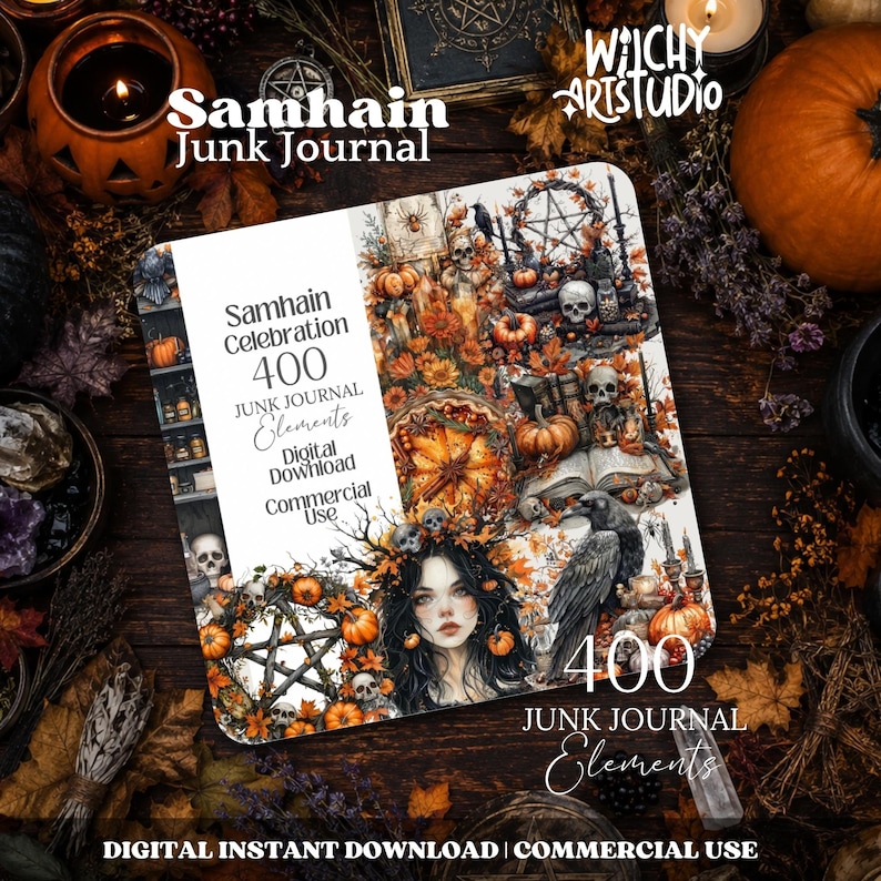 Pu&ograve; includere: Un set di download digitale intitolato Samhain Junk Journal con 400 elementi. La grafica mostra un collage di illustrazioni a tema autunnale che includono zucche, teschi, un pentagramma, un corvo e una persona con capelli scuri e foglie.