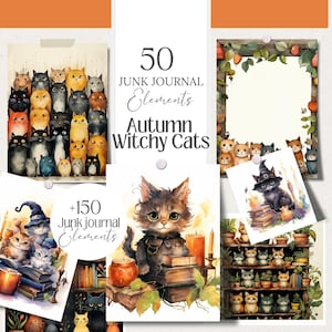 Witchy Cats Digital Grimoire Witchy Wallpaper planner Paper Set for Book of Shadows, Witch junk journal clipart witchy Stationary