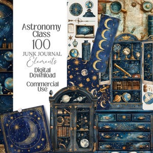 Pode incluir: Um download digital com elementos de diário de lixo com tema de astronomia. A imagem mostra um esquema de cores azul escuro e dourado com motivos celestes, incluindo luas, estrelas e planetas. O texto diz "Astronomy Class 100 Junk Journal Elements Digital Download Commercial Use."