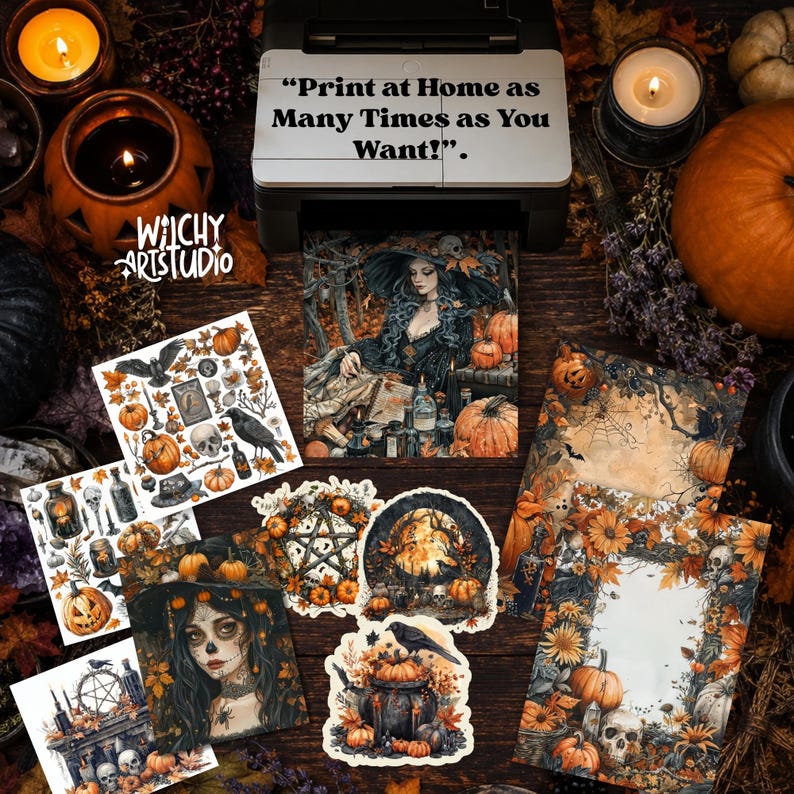 Pu&ograve; includere: Una collezione di arte stampabile a tema Halloween con una strega, zucche, teschi, corvi e pentagrammi. La stampante mostra il testo "Print at Home as Many Times as You Want!". I disegni includono vari motivi autunnali e immagini oscure.