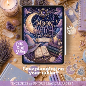 Pode incluir: Um tablet digital exibindo a capa de um Moon Witch Planner com uma lua crescente, um chapéu de bruxa roxo, um livro de feitiços aberto e uma pilha de livros. A tela apresenta o texto Moon Witch Planner e um stylus acompanha o dispositivo.