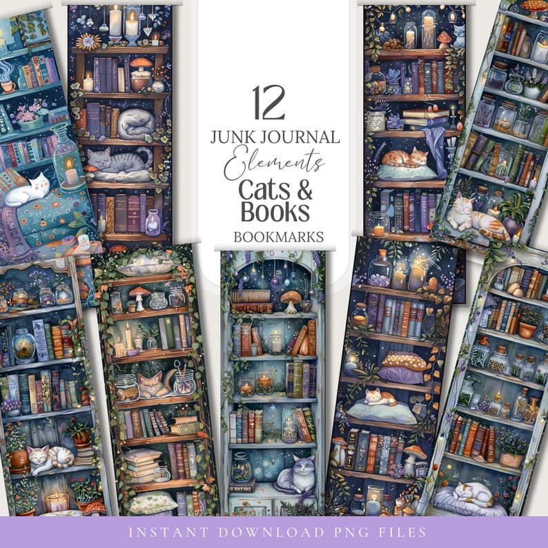 Cute Cats and Book Lovers Witchy Cozy Kitty Witch Bookworm Reading PNG images with a 1:3 ratio. Perfect for bookmarks, tags, labels, junk journals, scrapbooking, illustrations, clipart, sublimation, and stickers