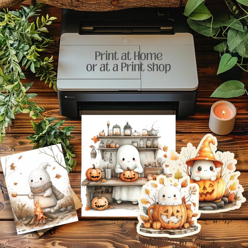 Collection of 100+ adorable cute fall autumn ghost watercolor PNG images, perfect for scrapbooking, planners, grimoire covers, Books of Shadows, and cozy autumn crafts