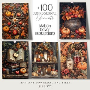 Mabon cozy harvest witchy clipart featuring over 100 PNG files, 5x7 inches each. Perfect for junk journals, grimoire pages, Book of Shadows, spell books, and fall crafts. Includes commercial use for creating spiritual and seasonal projects.