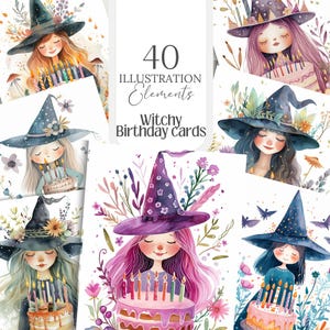 Leuke heks gelukkige verjaardag uitnodigen illustratie kaart ontwerp boekomslag grimoire print sublimatie kunst ongewenste dagboek scrapbook planner kortstondige