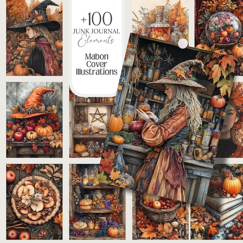 Mabon cozy harvest witchy clipart featuring over 100 PNG files, 5x7 inches each. Perfect for junk journals, grimoire pages, Book of Shadows, spell books, and fall crafts. Includes commercial use for creating spiritual and seasonal projects.