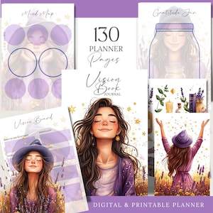 Pode incluir: Um planejador digital imprimível com 130 páginas com uma ilustração caprichosa de uma mulher com cabelo castanho comprido e um vestido roxo. O planejador inclui páginas de quadro de visão, mapa mental e frasco de gratidão. O texto "130 páginas do planejador" e "Diário do livro da visão" aparece na capa.