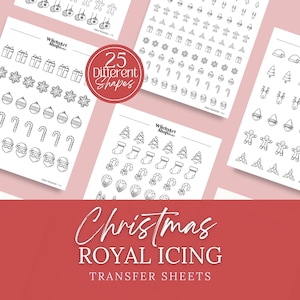May include: Four sheets of white paper with black outlines of 25 different Christmas shapes. The shapes include ornaments, candy canes, snowflakes, presents, trees, stockings, and more. The sheets are labeled "Christmas Royal Icing Transfer Sheets".