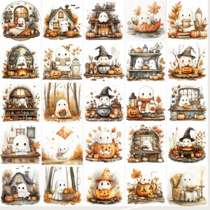Collection of 100+ adorable cute fall autumn ghost watercolor PNG images, perfect for scrapbooking, planners, grimoire covers, Books of Shadows, and cozy autumn crafts