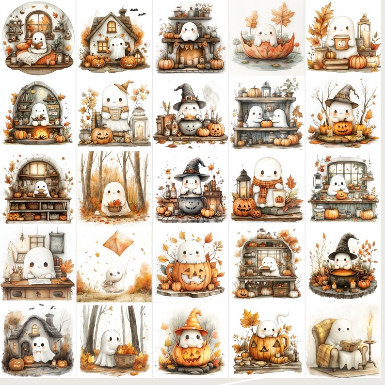 Collection of 100+ adorable cute fall autumn ghost watercolor PNG images, perfect for scrapbooking, planners, grimoire covers, Books of Shadows, and cozy autumn crafts