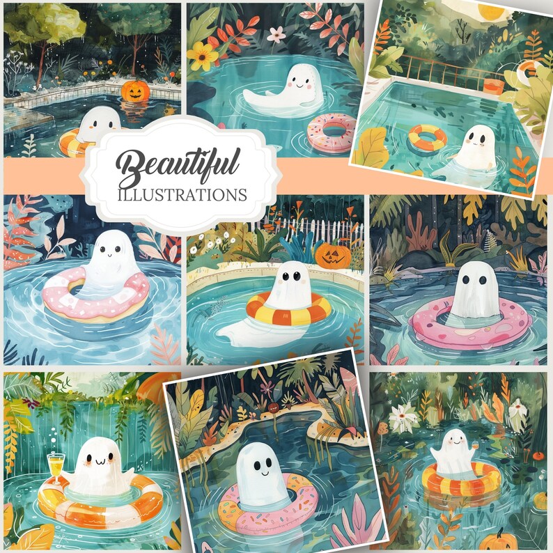 Summerween cute Ghost Printable Cards postcards png, Whimsical wallpaper, Illustration, junk journal, scrapbook Wall art, greeting card tags
