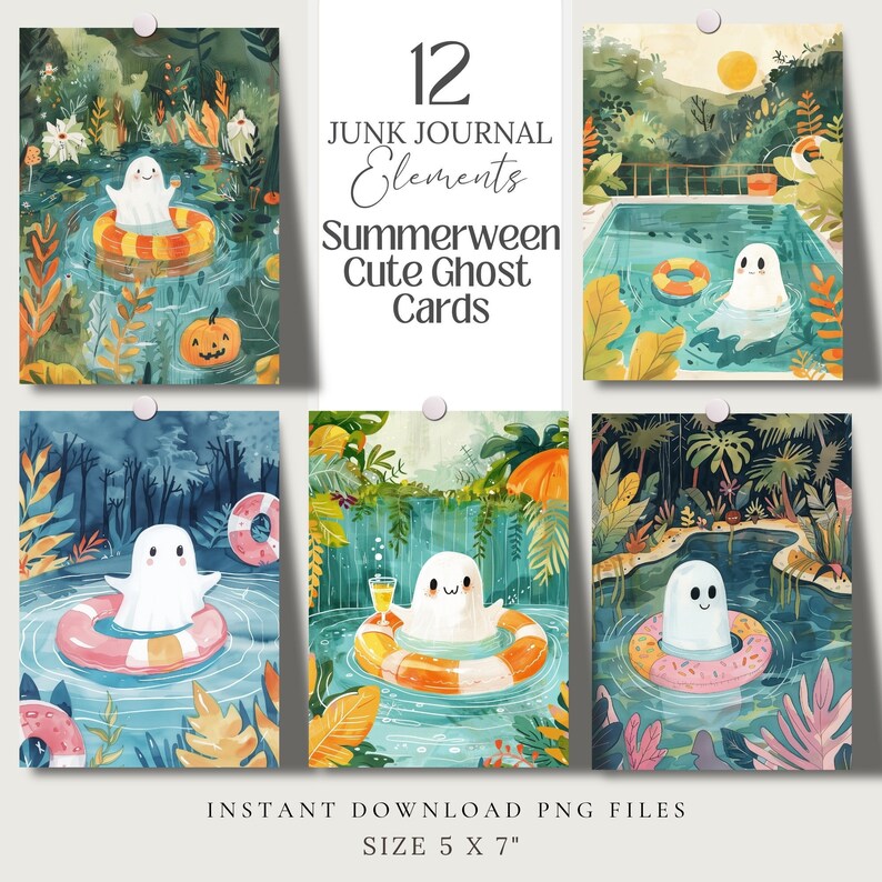 Summerween cute Ghost Printable Cards postcards png, Whimsical wallpaper, Illustration, junk journal, scrapbook Wall art, greeting card tags
