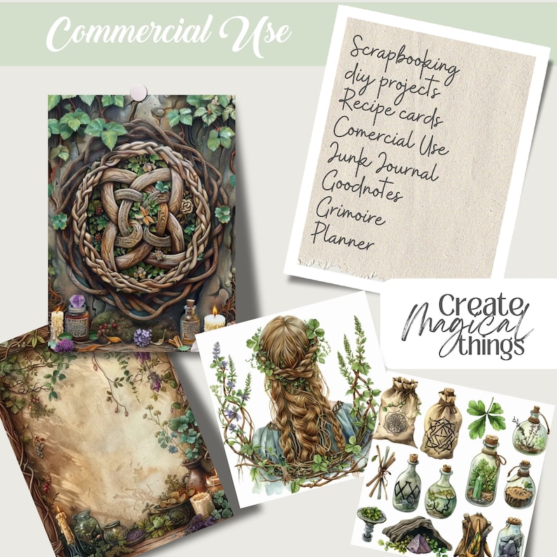 Whimsical Celtic witch-themed watercolor PNG images, including  elements like border pages, clipart, and ephemera. Perfect for Book of Shadows, Grimoire, junk journals, scrapbooks, and witchy planner designs. green witch projects.