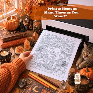 May include: A colouring page titled Cozy Spooky Fall featuring a ghost in an armchair with the text Print at Home as Many Times as You Want. The page shows a ghost holding a mug, pumpkins, and a fireplace. The scene includes markers and crystals.