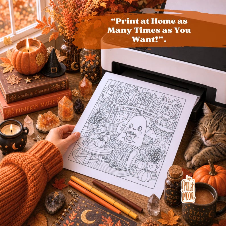 May include: A colouring page titled Cozy Spooky Fall featuring a ghost in an armchair with the text Print at Home as Many Times as You Want. The page shows a ghost holding a mug, pumpkins, and a fireplace. The scene includes markers and crystals.