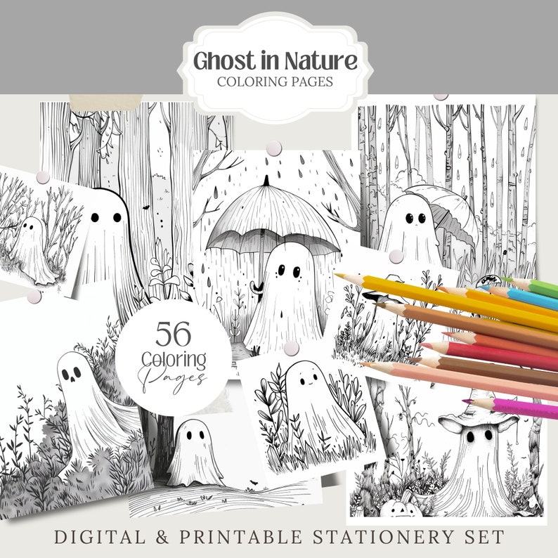 Cute Ghost 2 halloween spooky Coloring Pages book kawaii, anime, scary, teen party, kids activities, magic grayscale, witch, stress relief