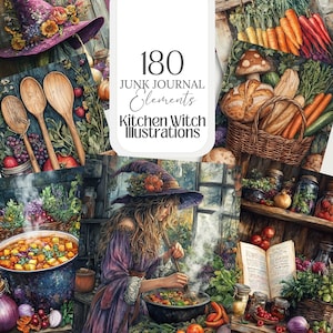 May include: A collection of 180 digital illustrations for junk journals featuring a kitchen witch theme. The illustrations include a witch stirring a pot of stew, a basket of vegetables and bread, and a variety of kitchen tools and ingredients.