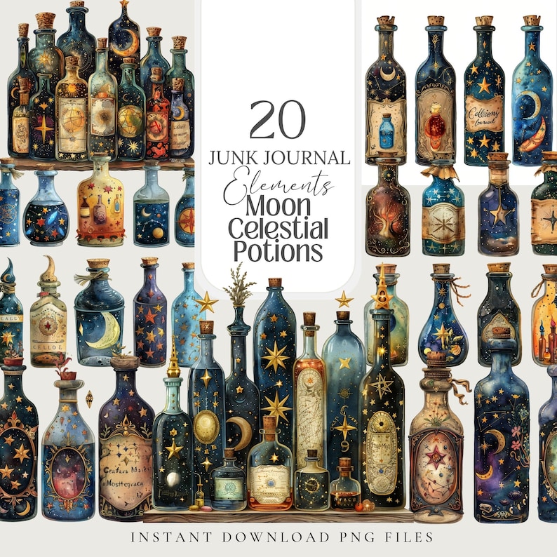 Moon celestial astrology clipart featuring vintage witchy designs. Includes 20 PNG images with transparent backgrounds, perfect for digital grimoires, junk journals, planners, and more. Commercial use allowed for crafting and creative projects