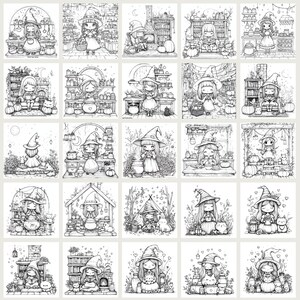 Cute Witchy Cottagecore Coloring Pages 75 PNG files sized 3000x3000px. Includes magical and whimsical designs for coloring, junk journaling, scrapbooking, and cozy crafts. files with commercial use license for digital and print projects.