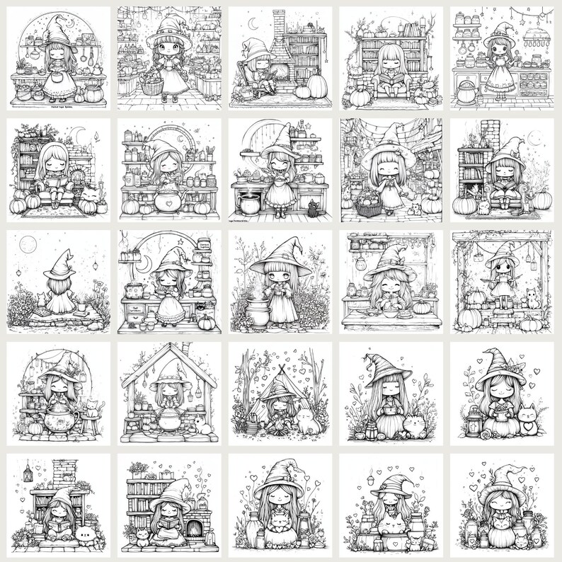 Cute Witchy Cottagecore Coloring Pages 75 PNG files sized 3000x3000px. Includes magical and whimsical designs for coloring, junk journaling, scrapbooking, and cozy crafts. files with commercial use license for digital and print projects.