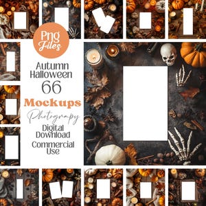 May include: A collection of 66 autumn and Halloween mockups with a digital download option for commercial use. The images feature pumpkins, candles, leaves, and skeleton hands, with blank spaces for design placement. The text "Png Files" and "Autumn Halloween" are visible.