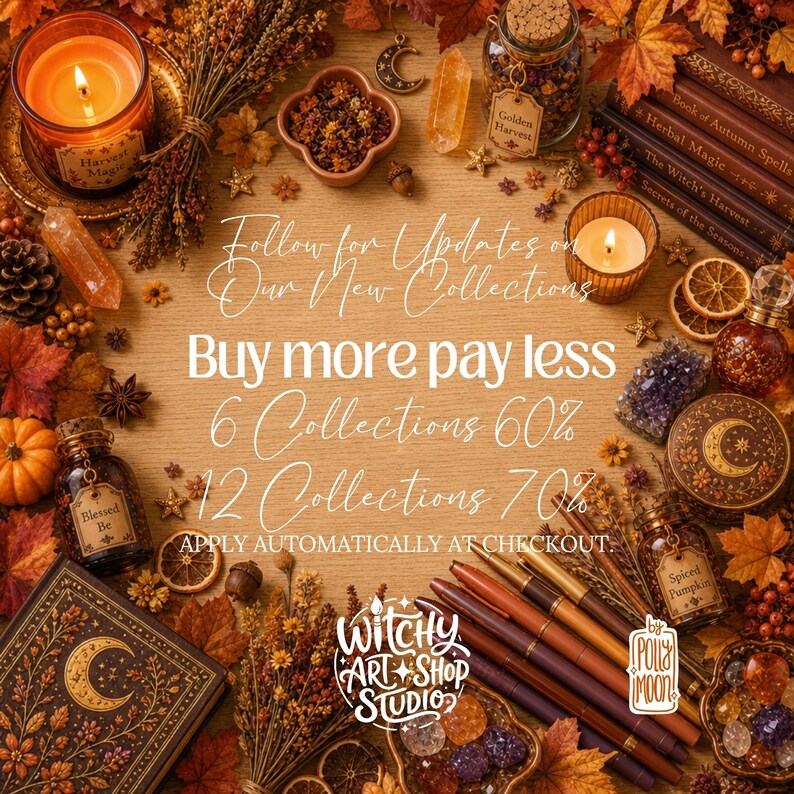 May include: A flat lay arrangement featuring autumn-themed items including candles, dried leaves, crystals, books, and pens. Text reads: Follow for Updates on Our New Collections, Buy more pay less, 6 Collections 60%, 12 Collections 70%.