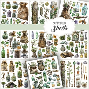Whimsical Celtic witch-themed watercolor PNG images, including  elements like border pages, clipart, and ephemera. Perfect for Book of Shadows, Grimoire, junk journals, scrapbooks, and witchy planner designs. green witch projects.