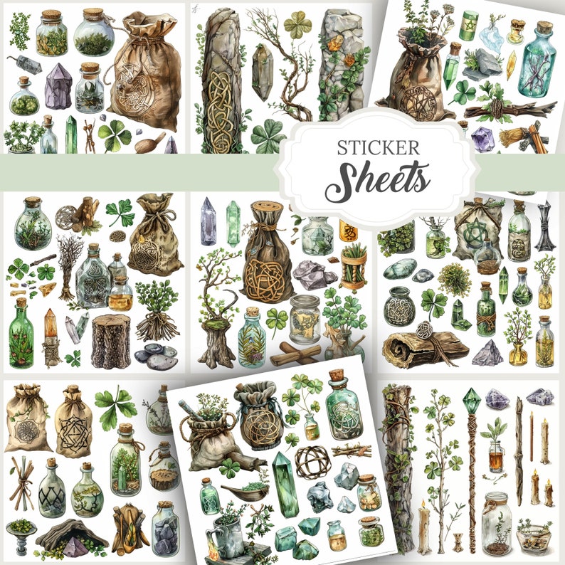 Whimsical Celtic witch-themed watercolor PNG images, including  elements like border pages, clipart, and ephemera. Perfect for Book of Shadows, Grimoire, junk journals, scrapbooks, and witchy planner designs. green witch projects.