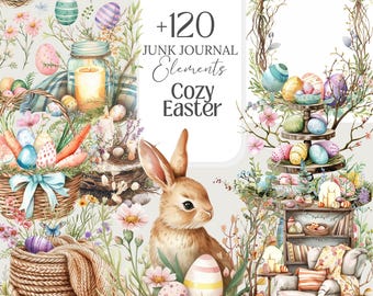 May include: A watercolor illustration of a cozy Easter scene with a bunny, eggs, nests, and flowers. The illustration includes the text " +120 Junk Journal Elements Cozy Easter".