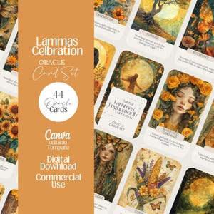 Op de afbeelding: Een orakelkaartenset getiteld "Lammas Celebration" met 44 kaarten. De kaarten tonen illustraties van de natuur, waaronder zonnebloemen, vlinders en een vrouw met goudsbloemkransen. De set is een bewerkbare Canva-sjabloon voor digitale download en commercieel gebruik.