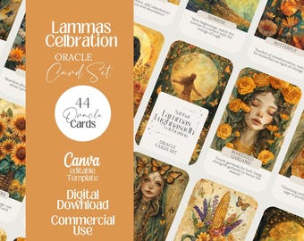 May include: An oracle card set titled "Lammas Celebration" with 44 cards. The cards feature illustrations of nature, including sunflowers, butterflies, and a woman with marigold garlands. The set is a Canva editable template for digital download and commercial use.