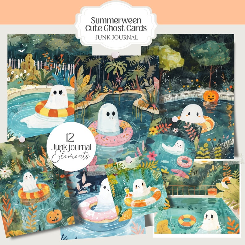 Summerween cute Ghost Printable Cards postcards png, Whimsical wallpaper, Illustration, junk journal, scrapbook Wall art, greeting card tags